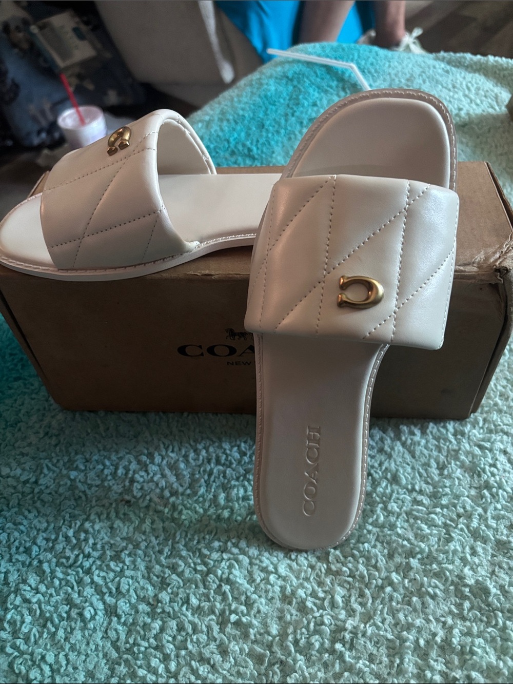 COACH Quilted Cream Slide Sandals with Gold Accent